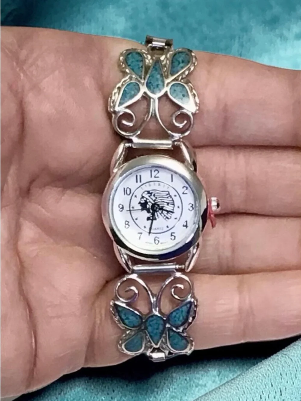 VTG Solid Silver Navajo Butterfly Turquoise Inlay Tips + New Indian Head Watch
